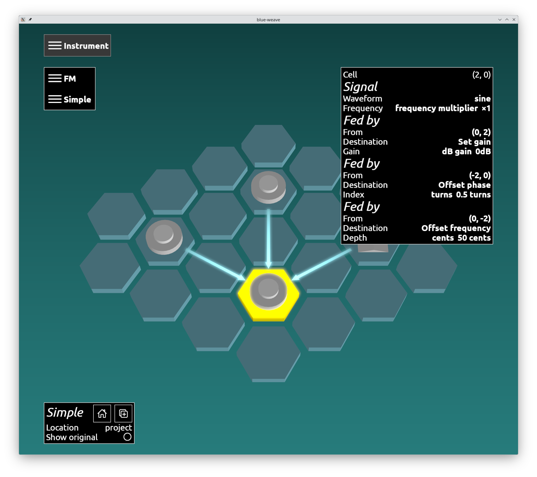 The Simple patch on the hex grid: three cells feeding one highlighted cell, with that cell's waveform and each of its incoming connections listed in the inspector